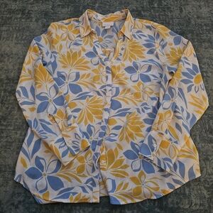 Liz Claiborne  Blouse Blue and Yellow Floral Size L